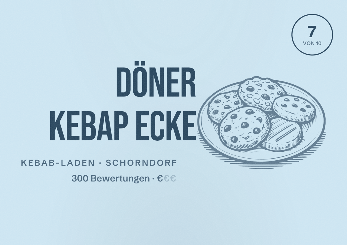 Illustriertes Poster von Döner Kebap Ecke, Kebab-Laden in Schorndorf: Bewertung 7 von 10 aus 300 Bewertungen, Preisniveau €