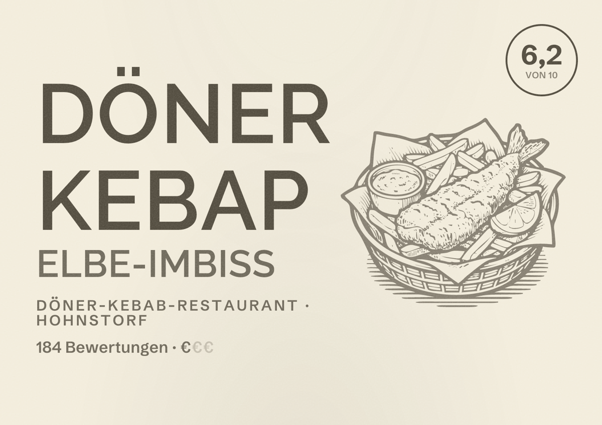Illustriertes Poster von Döner Kebap Elbe-Imbiss, Döner-Kebab-Restaurant in Hohnstorf: Bewertung 6,2 von 10 aus 184 Bewertungen, Preisniveau €