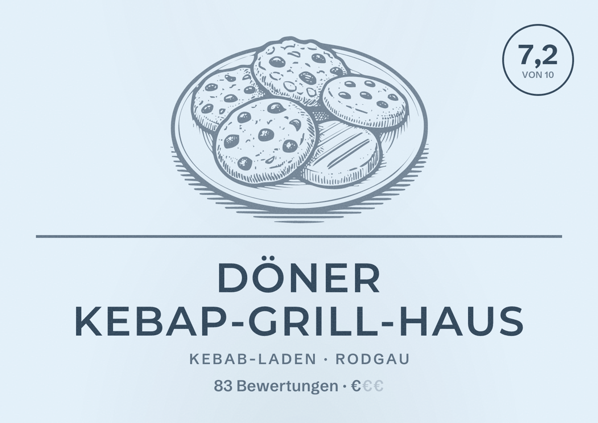 Illustriertes Poster von Döner Kebap-Grill-Haus, Kebab-Laden in Rodgau: Bewertung 7,2 von 10 aus 83 Bewertungen, Preisniveau €