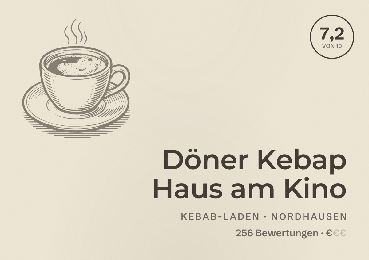 Illustriertes Poster von Döner Kebap Haus am Kino, Kebab-Laden in Nordhausen: Bewertung 7,2 von 10 aus 256 Bewertungen, Preisniveau €