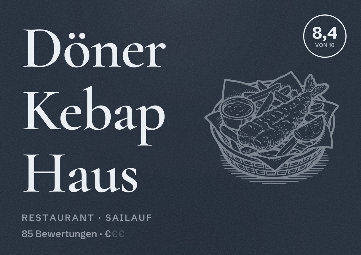 Illustriertes Poster von Döner Kebap Haus, Restaurant in Sailauf: Bewertung 8,4 von 10 aus 85 Bewertungen, Preisniveau €