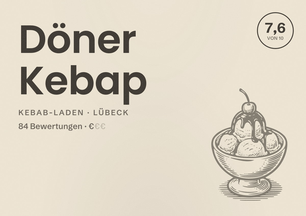 Illustriertes Poster von Döner Kebap, Kebab-Laden in Lübeck: Bewertung 7,6 von 10 aus 84 Bewertungen, Preisniveau €