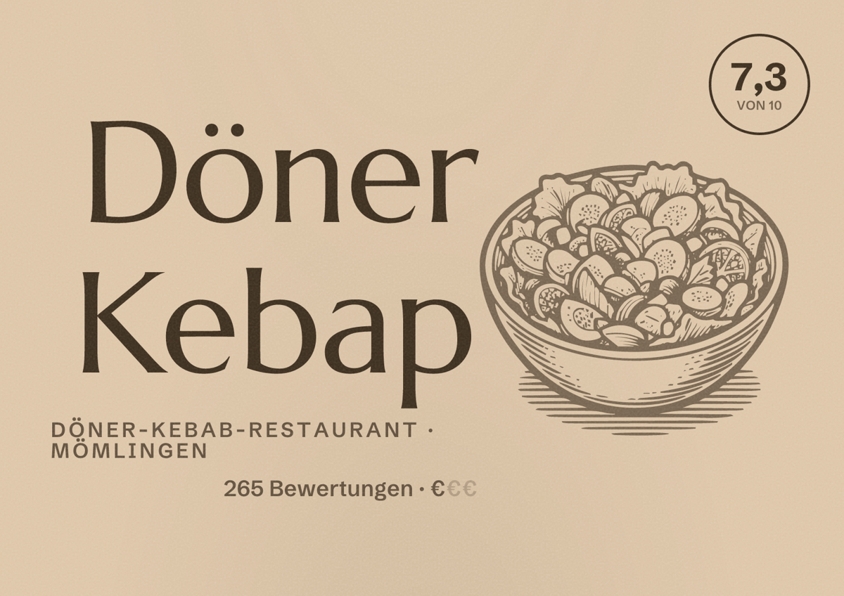 Illustriertes Poster von Döner Kebap, Döner-Kebab-Restaurant in Mömlingen: Bewertung 7,3 von 10 aus 265 Bewertungen, Preisniveau €