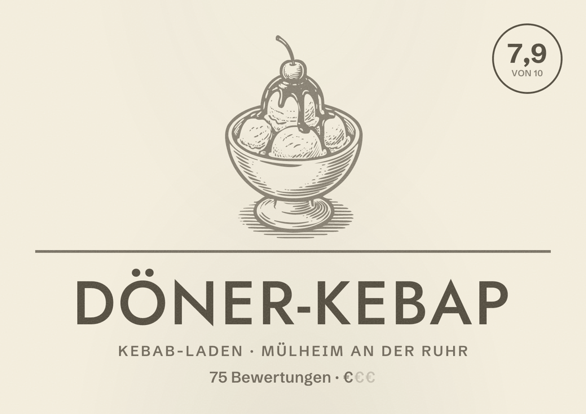 Illustriertes Poster von Döner-Kebap, Kebab-Laden in Mülheim an der Ruhr: Bewertung 7,9 von 10 aus 75 Bewertungen, Preisniveau €