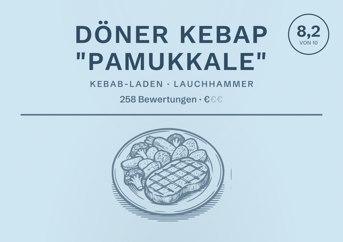 Illustriertes Poster von Döner Kebap "Pamukkale", Kebab-Laden in Lauchhammer: Bewertung 8,2 von 10 aus 258 Bewertungen, Preisniveau €