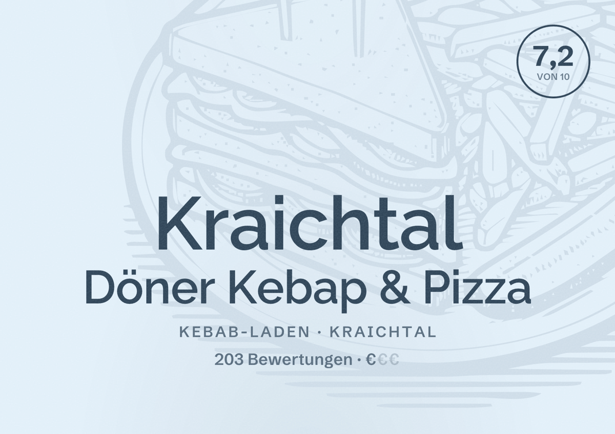 Illustriertes Poster von Kraichtal Döner Kebap & Pizza, Kebab-Laden in Kraichtal: Bewertung 7,2 von 10 aus 203 Bewertungen, Preisniveau €