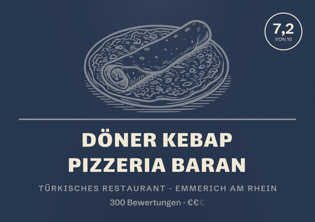 Illustriertes Poster von Döner Kebap Pizzeria Baran, Türkisches Restaurant in Emmerich am Rhein: Bewertung 7,2 von 10 aus 300 Bewertungen, Preisniveau €€