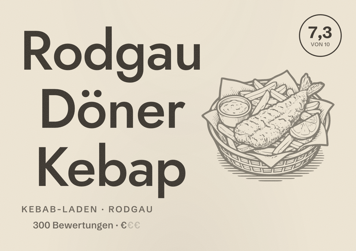 Illustriertes Poster von Rodgau Döner Kebap, Kebab-Laden in Rodgau: Bewertung 7,3 von 10 aus 300 Bewertungen, Preisniveau €