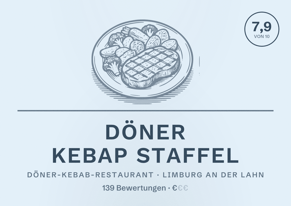 Illustriertes Poster von Döner Kebap Staffel, Döner-Kebab-Restaurant in Limburg an der Lahn: Bewertung 7,9 von 10 aus 139 Bewertungen, Preisniveau €