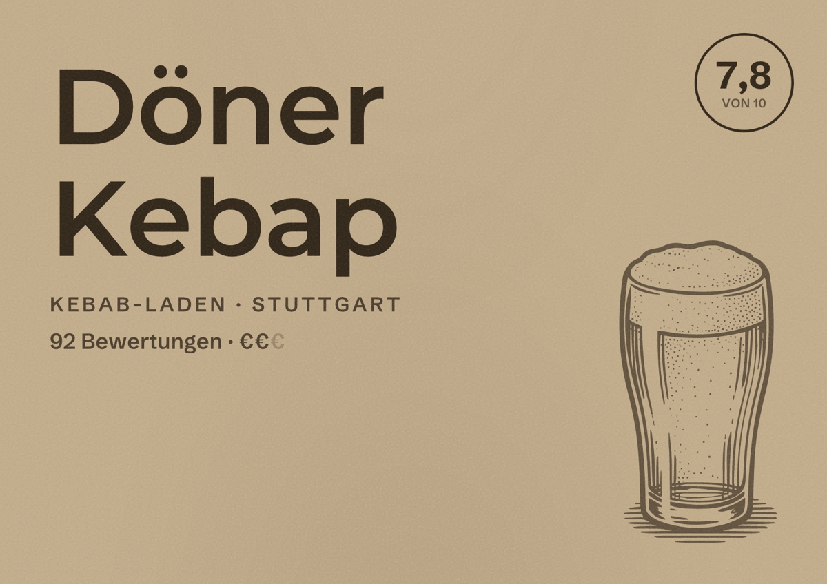 Illustriertes Poster von Döner Kebap, Kebab-Laden in Stuttgart: Bewertung 7,8 von 10 aus 92 Bewertungen, Preisniveau €€