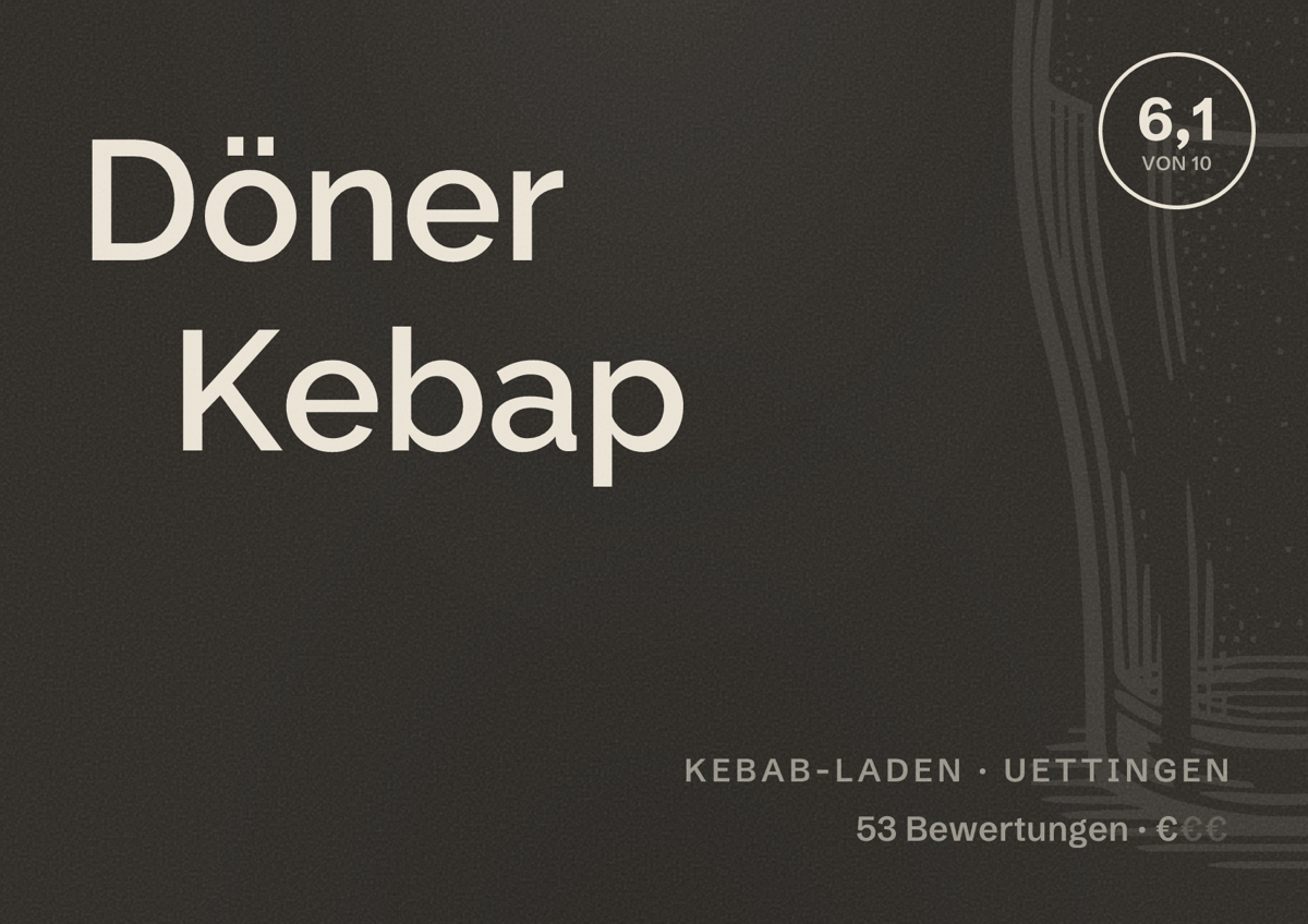 Illustriertes Poster von Döner Kebap, Kebab-Laden in Uettingen: Bewertung 6,1 von 10 aus 53 Bewertungen, Preisniveau €