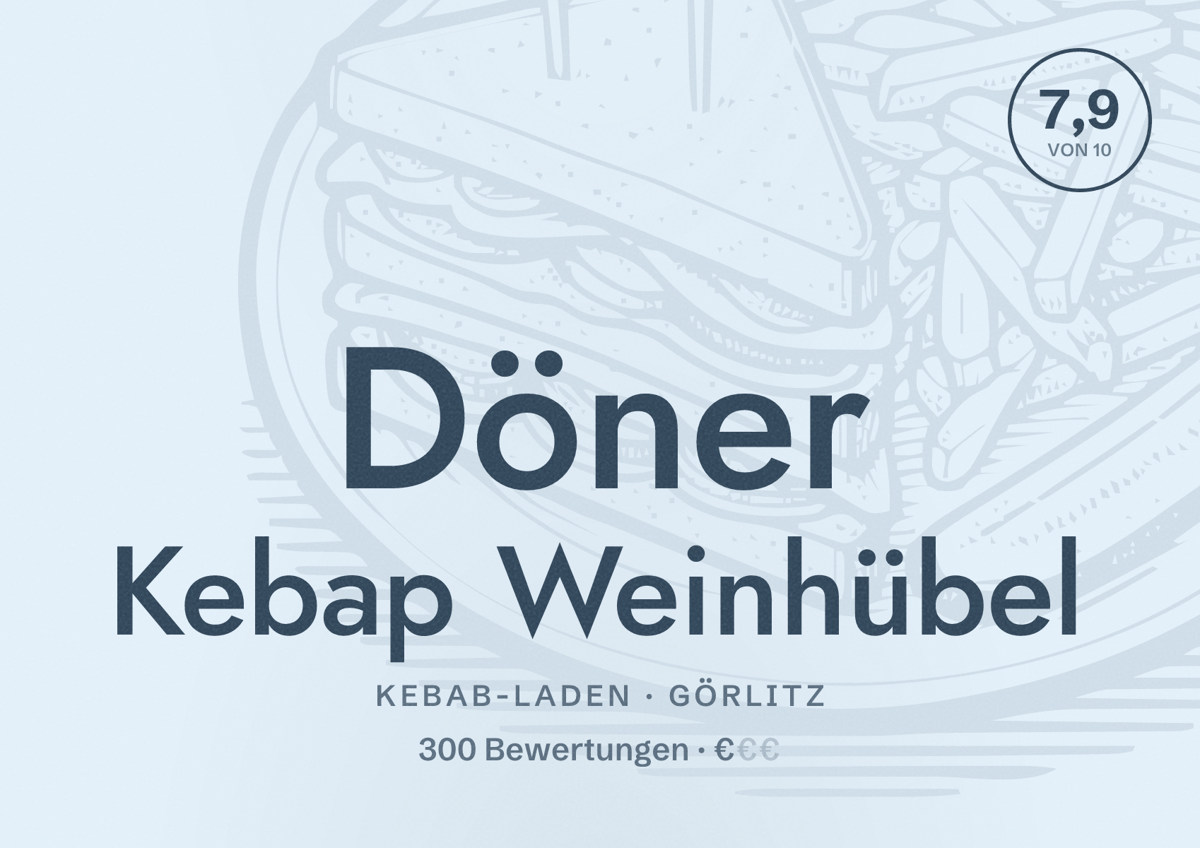 Illustriertes Poster von Döner Kebap Weinhübel, Kebab-Laden in Görlitz: Bewertung 7,9 von 10 aus 300 Bewertungen, Preisniveau €