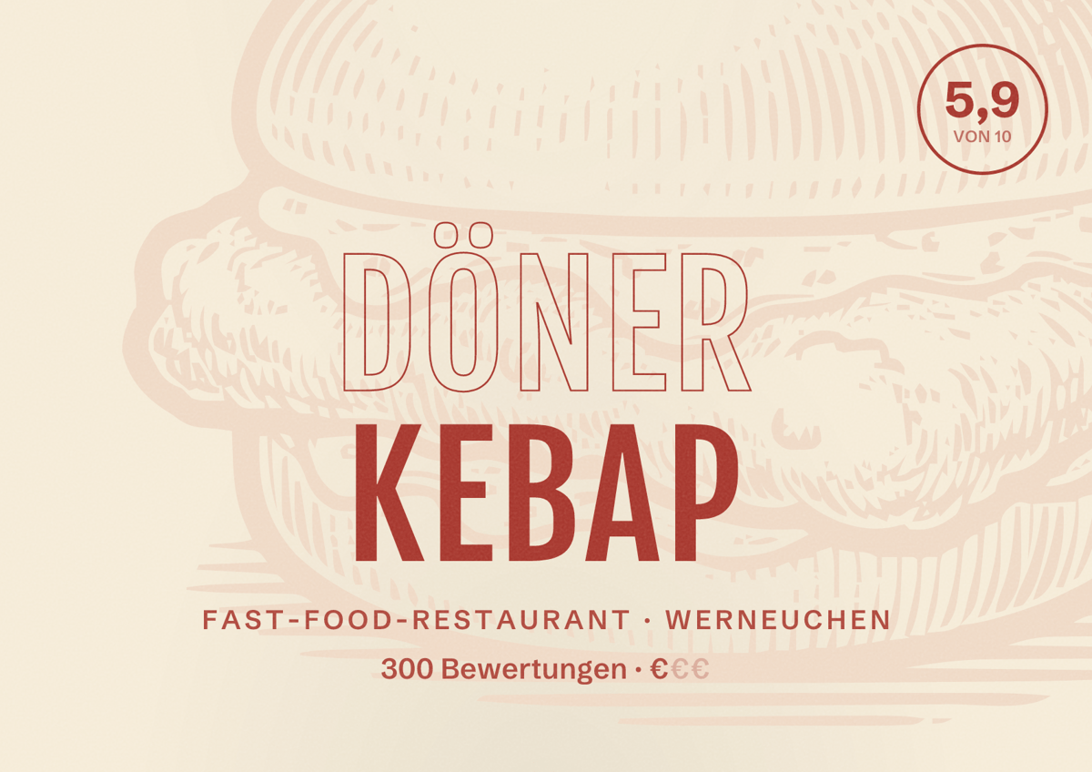 Illustriertes Poster von Döner Kebap, Fast-Food-Restaurant in Werneuchen: Bewertung 5,9 von 10 aus 300 Bewertungen, Preisniveau €