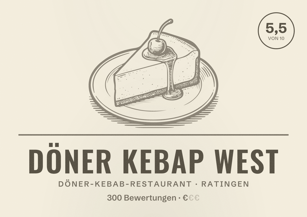 Illustriertes Poster von DÖNER KEBAP WEST, Döner-Kebab-Restaurant in Ratingen: Bewertung 5,5 von 10 aus 300 Bewertungen, Preisniveau €