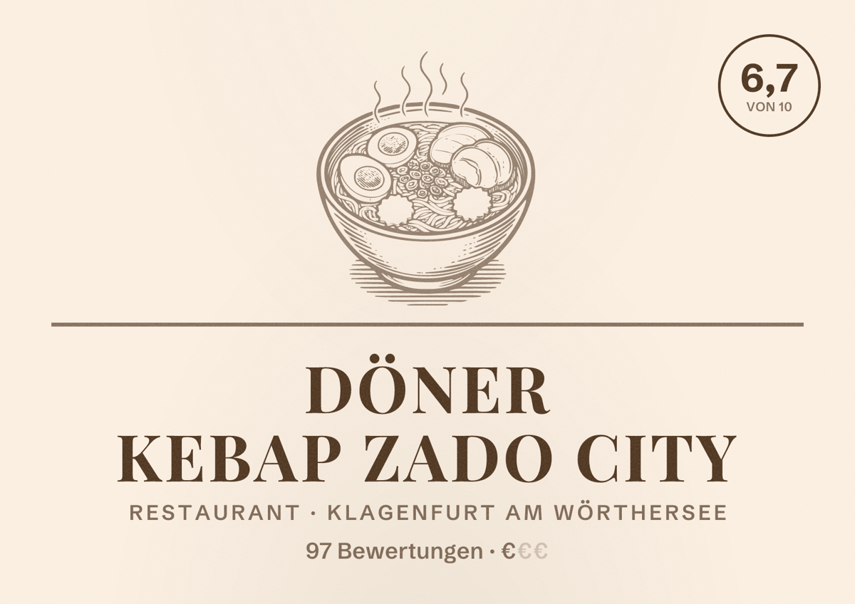 Illustriertes Poster von Döner Kebap Zado City, Restaurant in Klagenfurt am Wörthersee: Bewertung 6,7 von 10 aus 97 Bewertungen, Preisniveau €