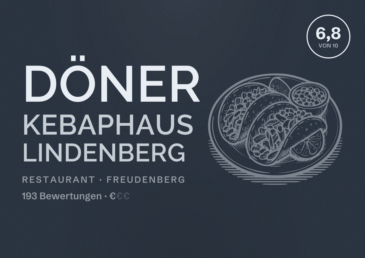 Illustriertes Poster von Döner Kebaphaus Lindenberg, Restaurant in Freudenberg: Bewertung 6,8 von 10 aus 193 Bewertungen, Preisniveau €