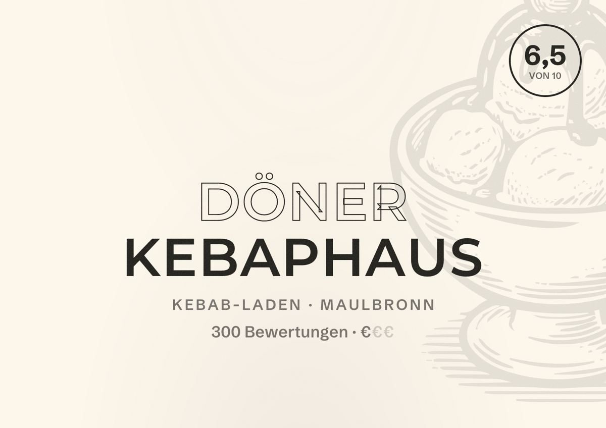 Illustriertes Poster von Döner Kebaphaus, Kebab-Laden in Maulbronn: Bewertung 6,5 von 10 aus 300 Bewertungen, Preisniveau €