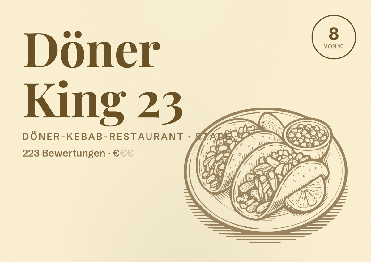 Illustriertes Poster von Döner King 23, Döner-Kebab-Restaurant in Stade: Bewertung 8 von 10 aus 223 Bewertungen, Preisniveau €