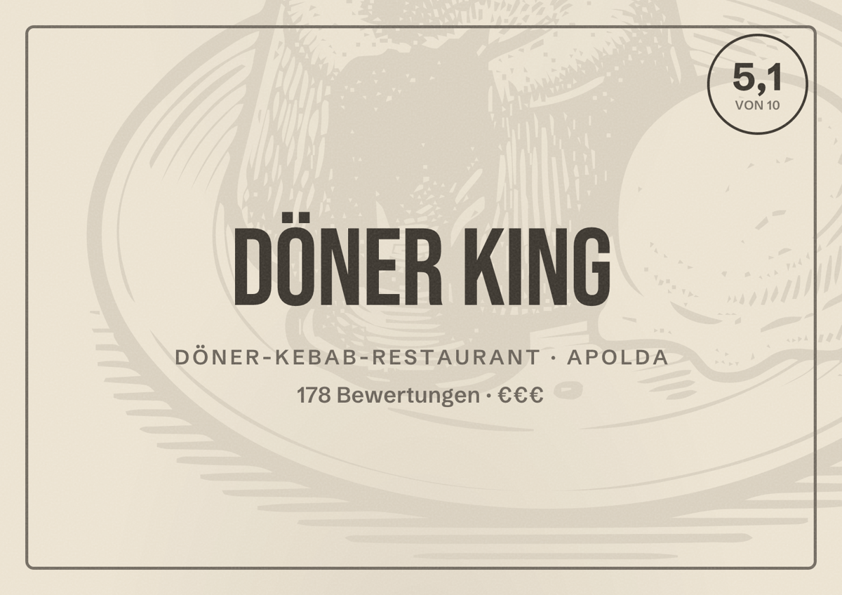 Illustriertes Poster von Döner King, Döner-Kebab-Restaurant in Apolda: Bewertung 5,1 von 10 aus 178 Bewertungen, Preisniveau €€€