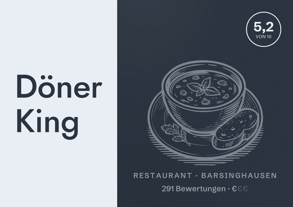 Illustriertes Poster von Döner King, Restaurant in Barsinghausen: Bewertung 5,2 von 10 aus 291 Bewertungen, Preisniveau €