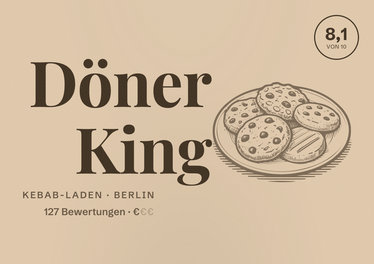 Illustriertes Poster von Döner King, Kebab-Laden in Berlin: Bewertung 8,1 von 10 aus 127 Bewertungen, Preisniveau €