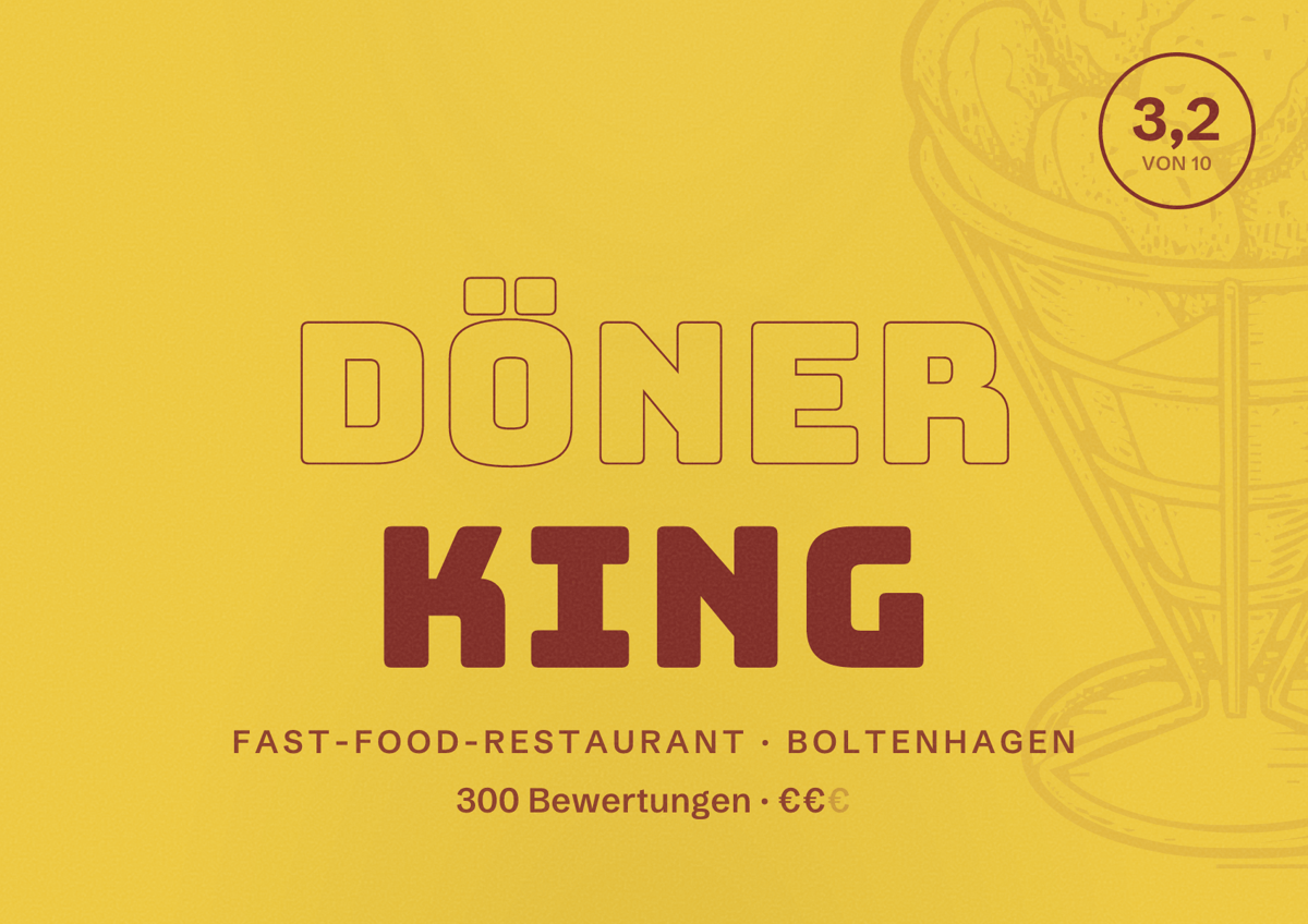 Illustriertes Poster von Döner King, Fast-Food-Restaurant in Boltenhagen: Bewertung 3,2 von 10 aus 300 Bewertungen, Preisniveau €€