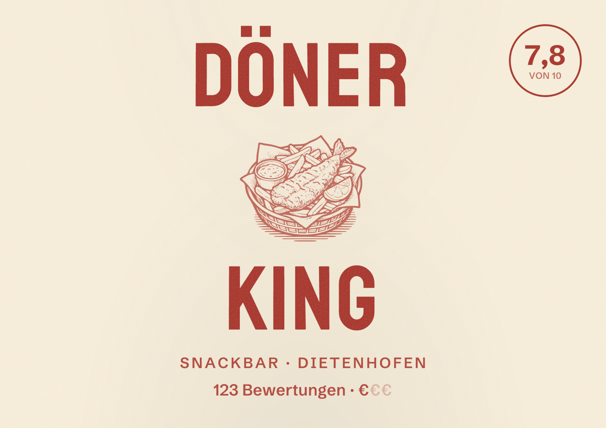 Illustriertes Poster von Döner King, Snackbar in Dietenhofen: Bewertung 7,8 von 10 aus 123 Bewertungen, Preisniveau €