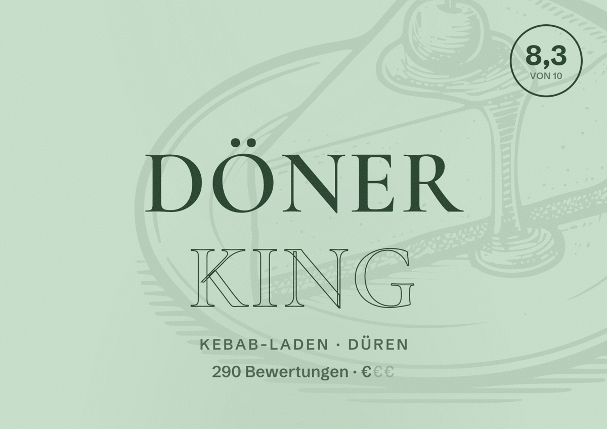 Illustriertes Poster von Döner King, Kebab-Laden in Düren: Bewertung 8,3 von 10 aus 290 Bewertungen, Preisniveau €