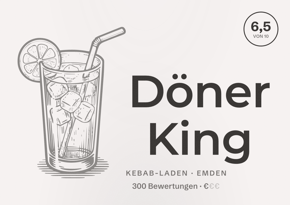 Illustriertes Poster von Döner King, Kebab-Laden in Emden: Bewertung 6,5 von 10 aus 300 Bewertungen, Preisniveau €