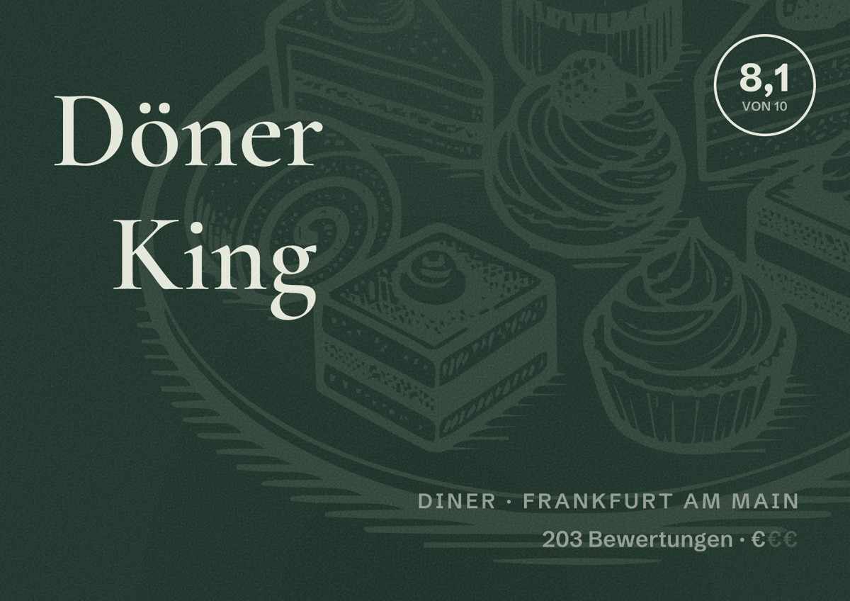 Illustriertes Poster von Döner King, Diner in Frankfurt am Main: Bewertung 8,1 von 10 aus 203 Bewertungen, Preisniveau €