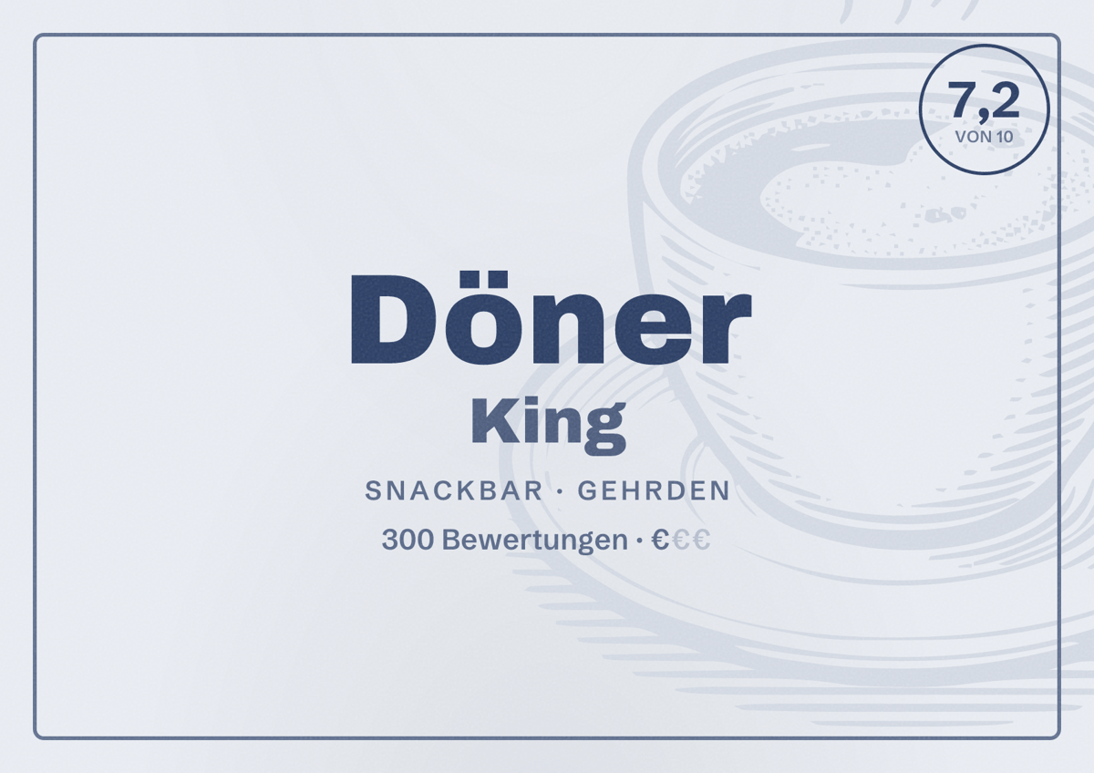 Illustriertes Poster von Döner King, Snackbar in Gehrden: Bewertung 7,2 von 10 aus 300 Bewertungen, Preisniveau €