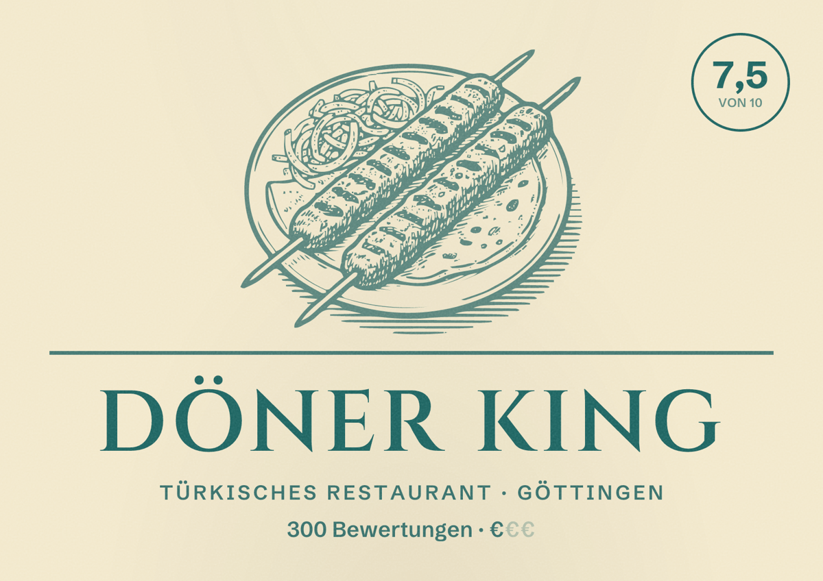 Illustriertes Poster von Döner King, Türkisches Restaurant in Göttingen: Bewertung 7,5 von 10 aus 300 Bewertungen, Preisniveau €