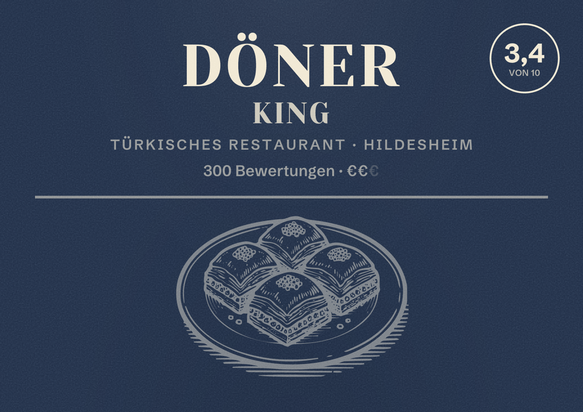 Illustriertes Poster von Döner King, Türkisches Restaurant in Hildesheim: Bewertung 3,4 von 10 aus 300 Bewertungen, Preisniveau €€