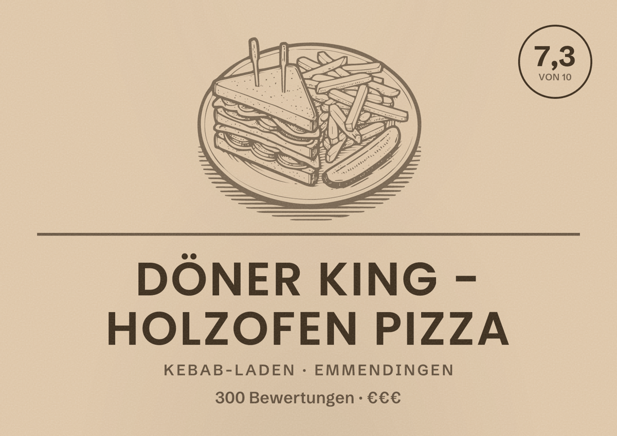 Illustriertes Poster von Döner King - Holzofen Pizza, Kebab-Laden in Emmendingen: Bewertung 7,3 von 10 aus 300 Bewertungen, Preisniveau €€€