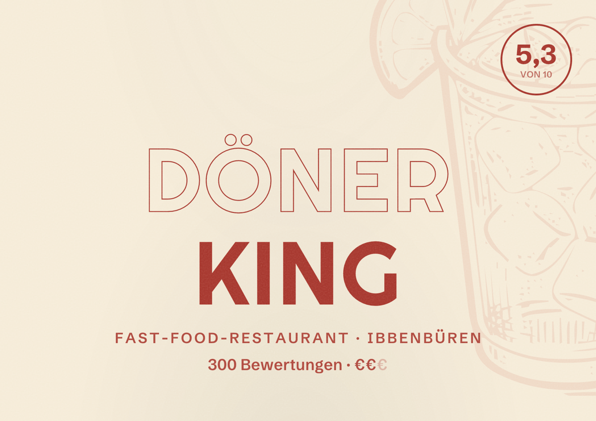 Illustriertes Poster von Döner King, Fast-Food-Restaurant in Ibbenbüren: Bewertung 5,3 von 10 aus 300 Bewertungen, Preisniveau €€