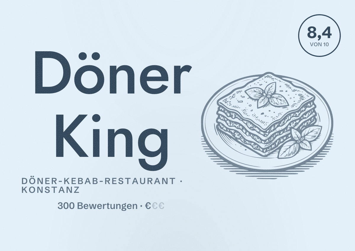 Illustriertes Poster von Döner King, Döner-Kebab-Restaurant in Konstanz: Bewertung 8,4 von 10 aus 300 Bewertungen, Preisniveau €