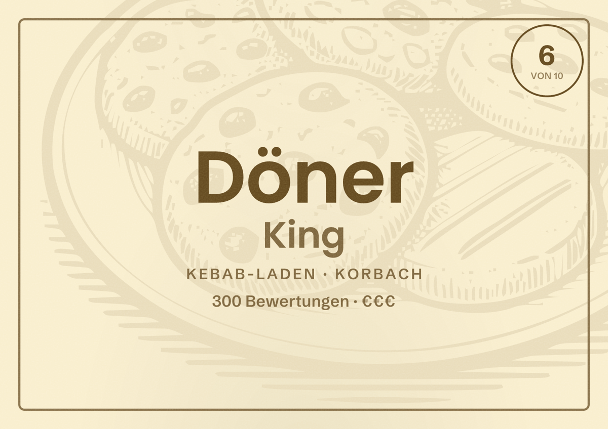 Illustriertes Poster von Döner King, Kebab-Laden in Korbach: Bewertung 6 von 10 aus 300 Bewertungen, Preisniveau €€€