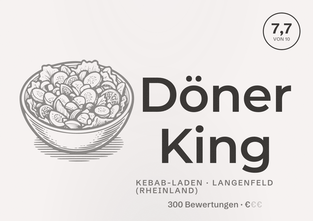 Illustriertes Poster von Döner King, Kebab-Laden in Langenfeld (Rheinland): Bewertung 7,7 von 10 aus 300 Bewertungen, Preisniveau €