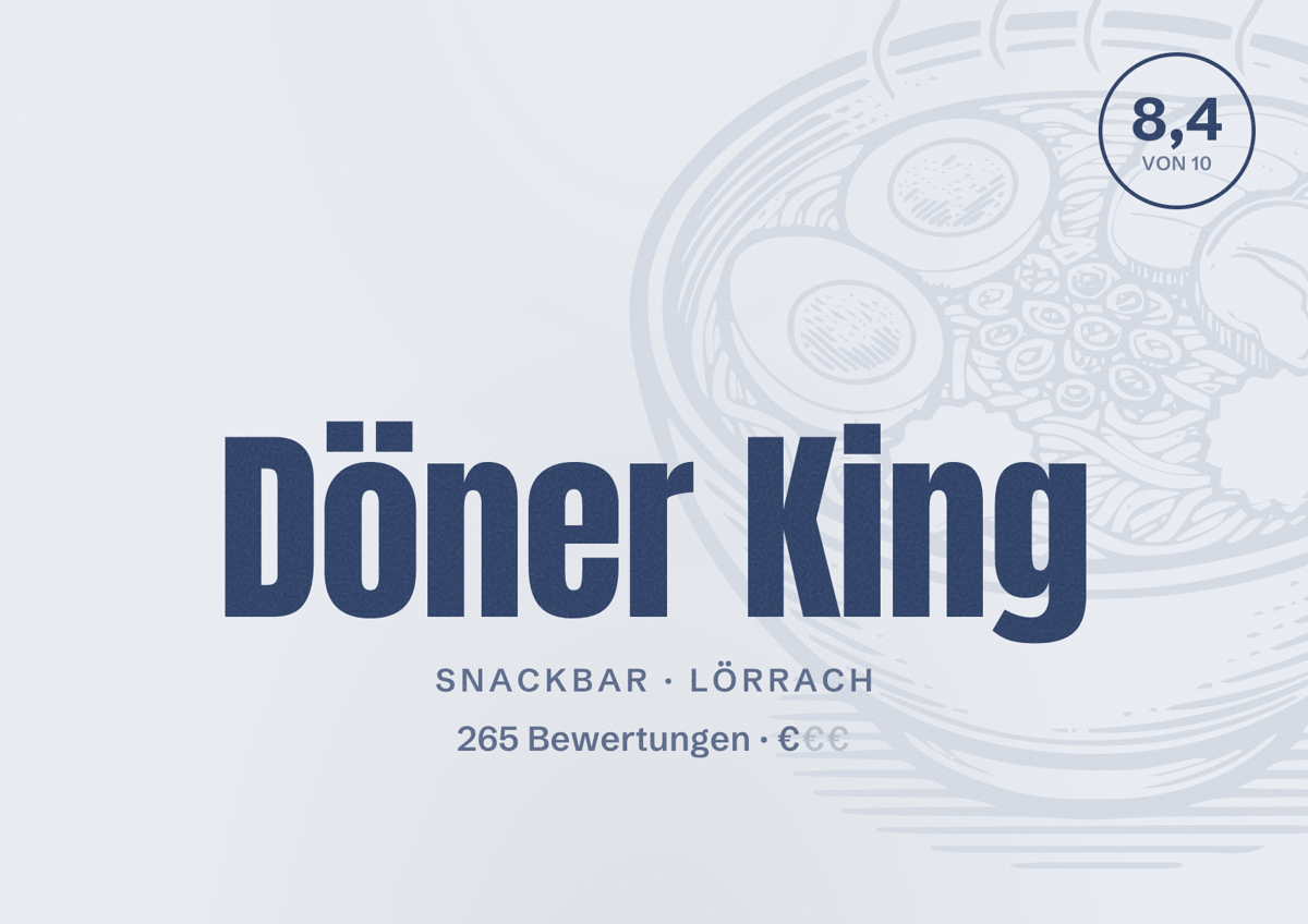 Illustriertes Poster von Döner King, Snackbar in Lörrach: Bewertung 8,4 von 10 aus 265 Bewertungen, Preisniveau €