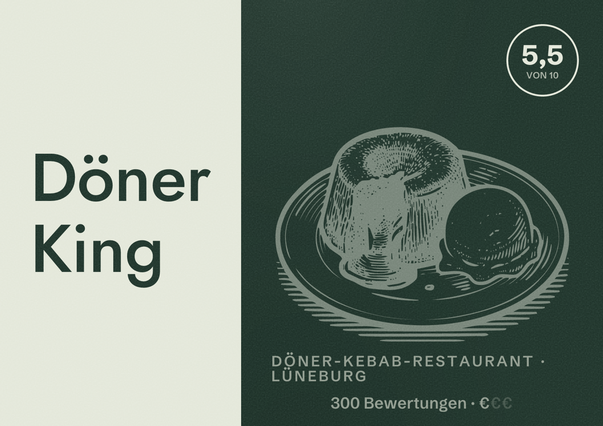 Illustriertes Poster von Döner King, Döner-Kebab-Restaurant in Lüneburg: Bewertung 5,5 von 10 aus 300 Bewertungen, Preisniveau €