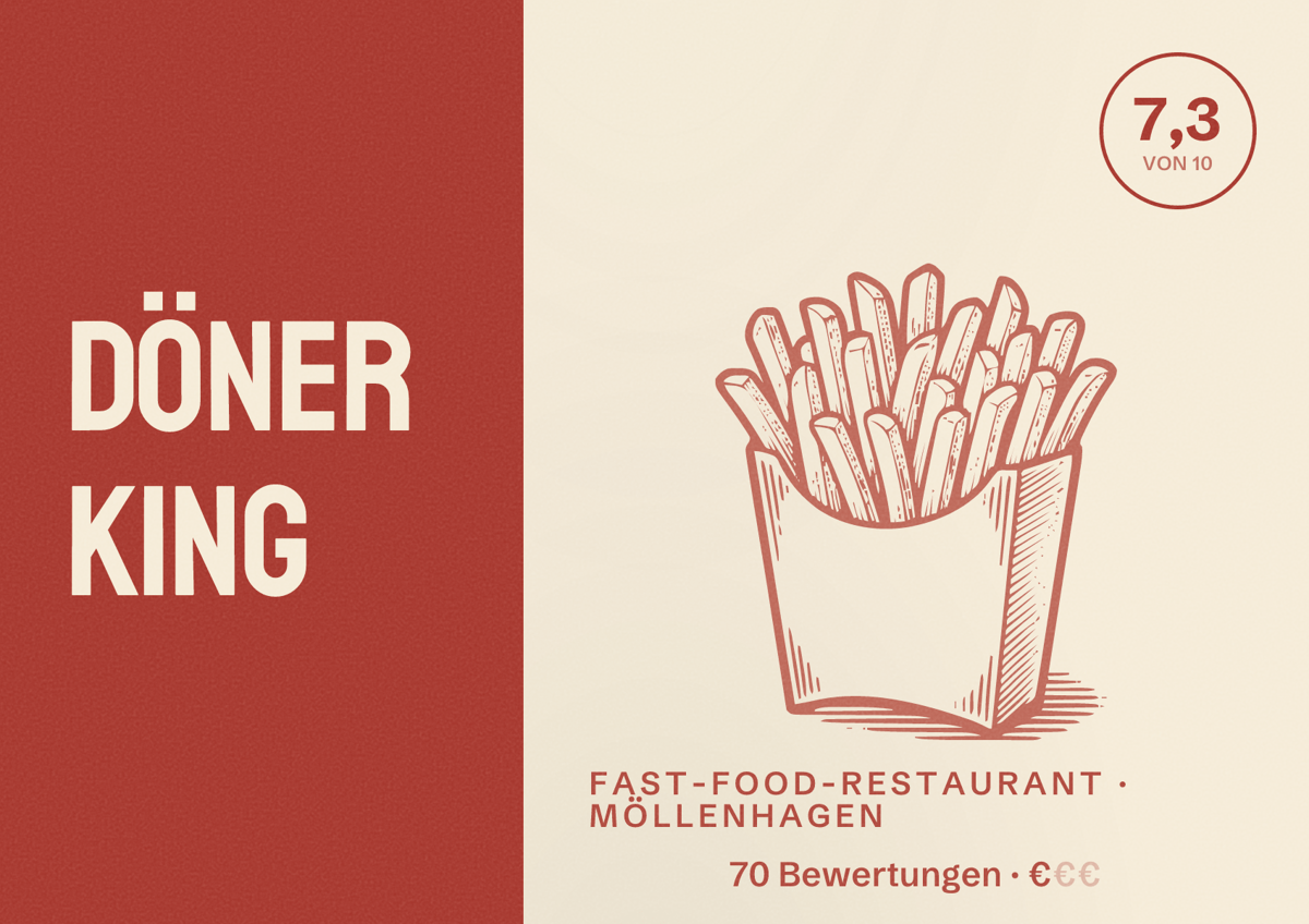 Illustriertes Poster von Döner King, Fast-Food-Restaurant in Möllenhagen: Bewertung 7,3 von 10 aus 70 Bewertungen, Preisniveau €