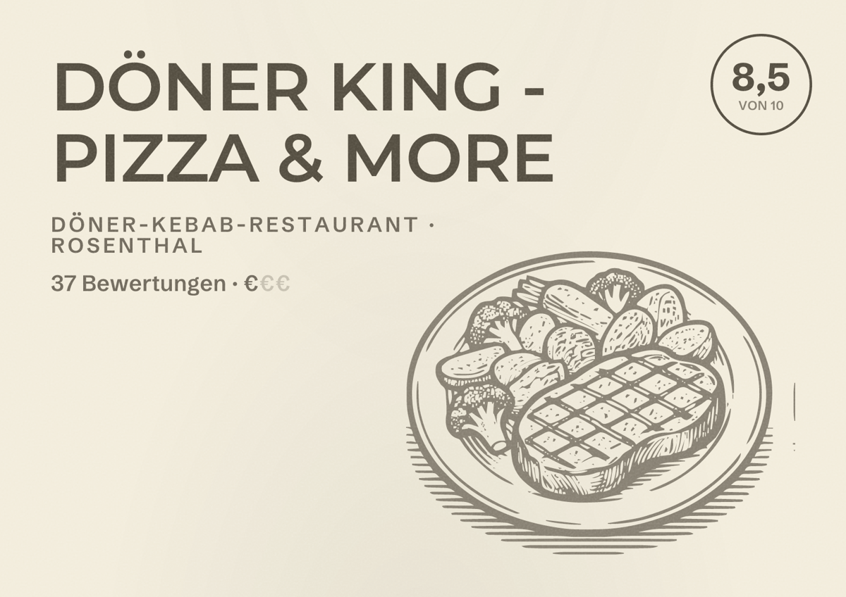 Illustriertes Poster von DÖNER KING - PIZZA & MORE, Döner-Kebab-Restaurant in Rosenthal: Bewertung 8,5 von 10 aus 37 Bewertungen, Preisniveau €