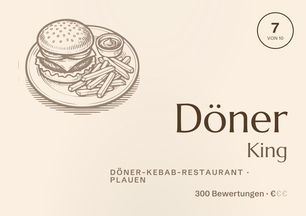 Illustriertes Poster von Döner King, Döner-Kebab-Restaurant in Plauen: Bewertung 7 von 10 aus 300 Bewertungen, Preisniveau €