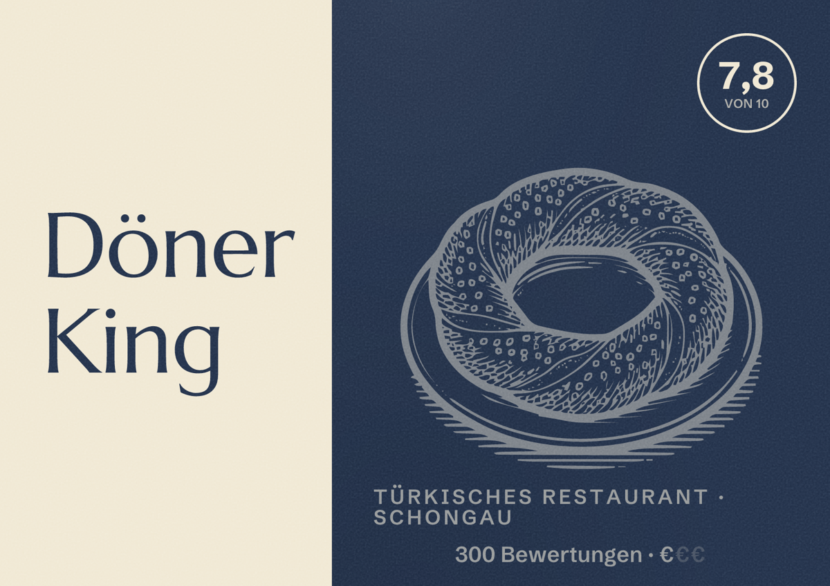 Illustriertes Poster von Döner King, Türkisches Restaurant in Schongau: Bewertung 7,8 von 10 aus 300 Bewertungen, Preisniveau €