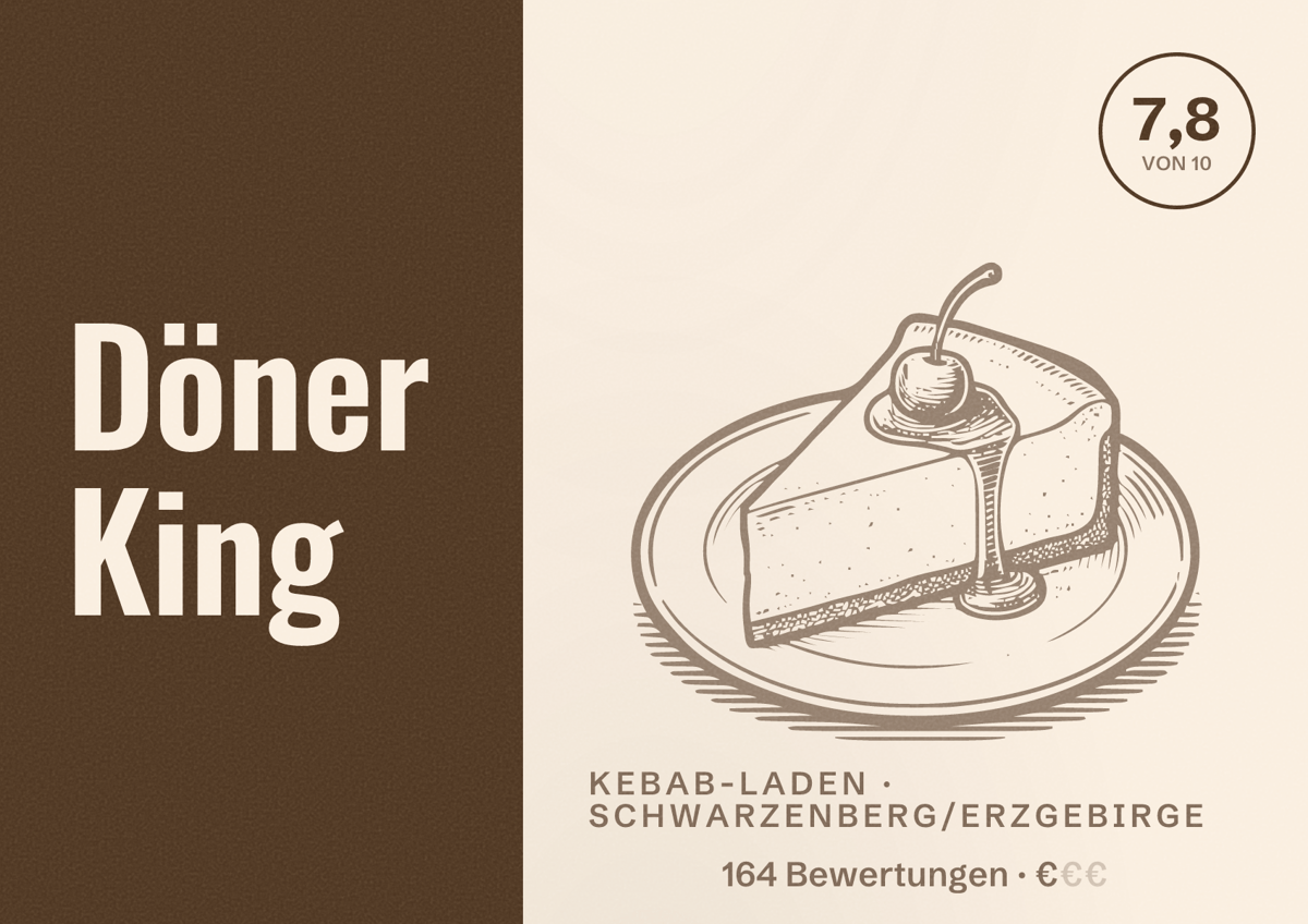 Illustriertes Poster von Döner King, Kebab-Laden in Schwarzenberg/Erzgebirge: Bewertung 7,8 von 10 aus 164 Bewertungen, Preisniveau €