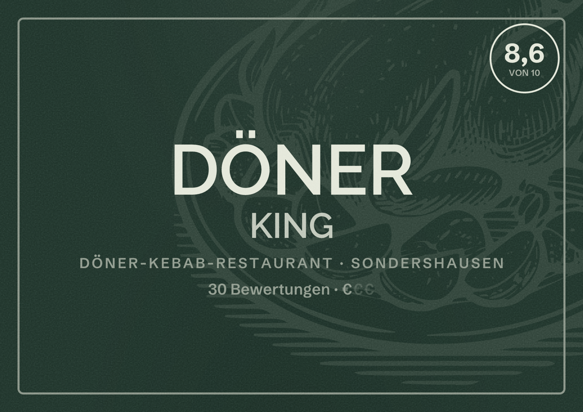 Illustriertes Poster von DÖNER KING, Döner-Kebab-Restaurant in Sondershausen: Bewertung 8,6 von 10 aus 30 Bewertungen, Preisniveau €
