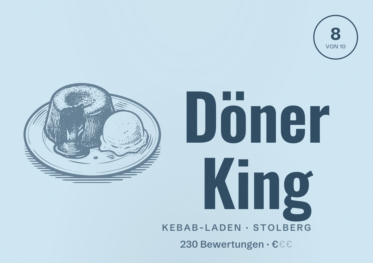 Illustriertes Poster von Döner King, Kebab-Laden in Stolberg: Bewertung 8 von 10 aus 230 Bewertungen, Preisniveau €