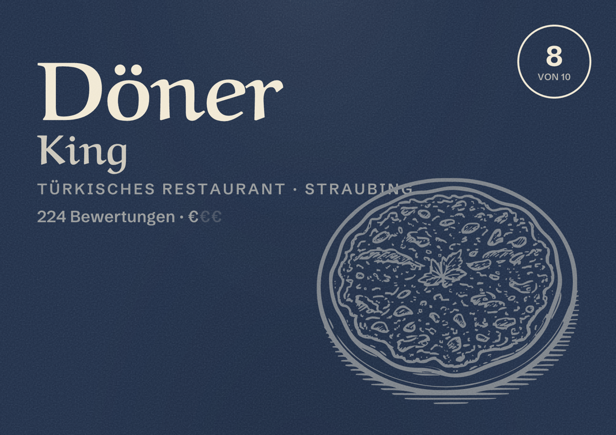 Illustriertes Poster von Döner King, Türkisches Restaurant in Straubing: Bewertung 8 von 10 aus 224 Bewertungen, Preisniveau €