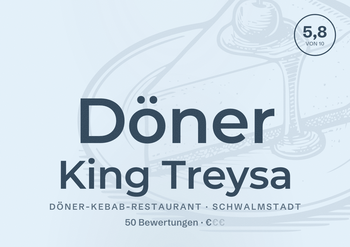 Illustriertes Poster von Döner King Treysa, Döner-Kebab-Restaurant in Schwalmstadt: Bewertung 5,8 von 10 aus 50 Bewertungen, Preisniveau €
