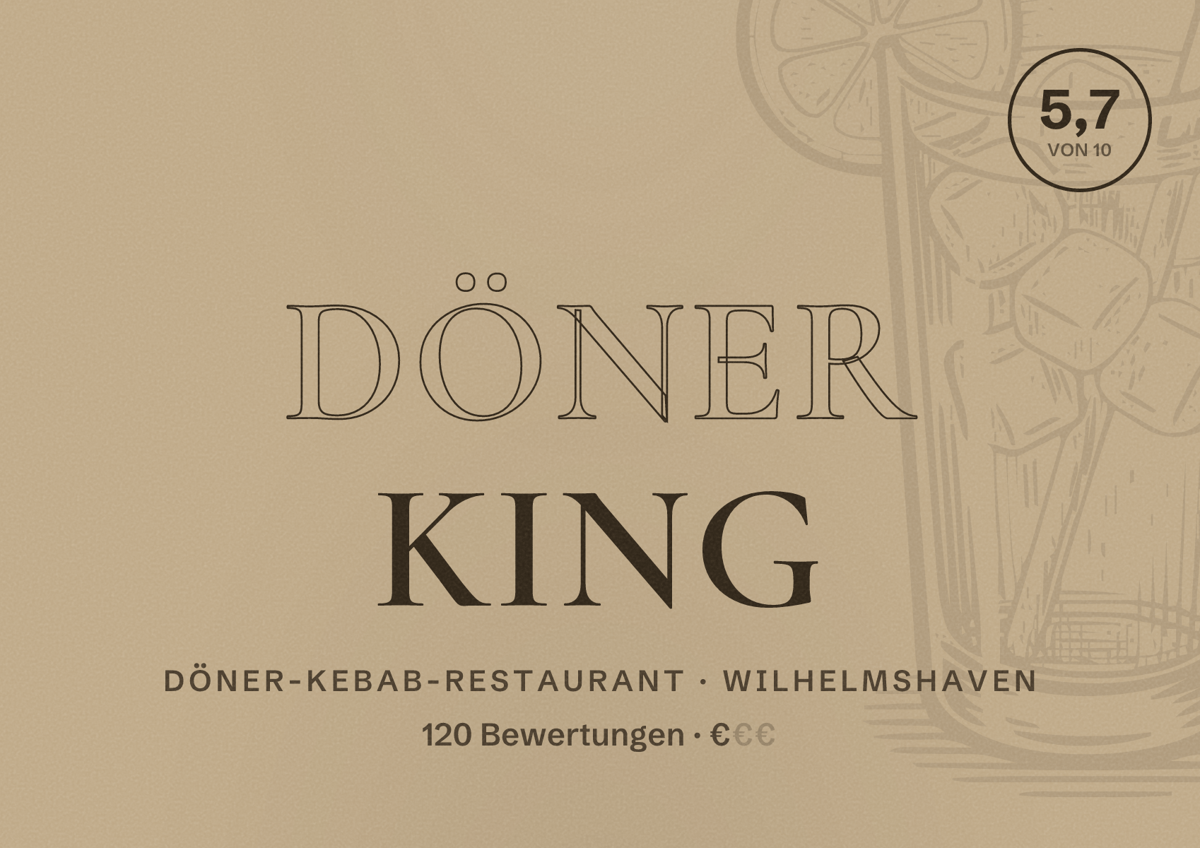Illustriertes Poster von Döner King, Döner-Kebab-Restaurant in Wilhelmshaven: Bewertung 5,7 von 10 aus 120 Bewertungen, Preisniveau €